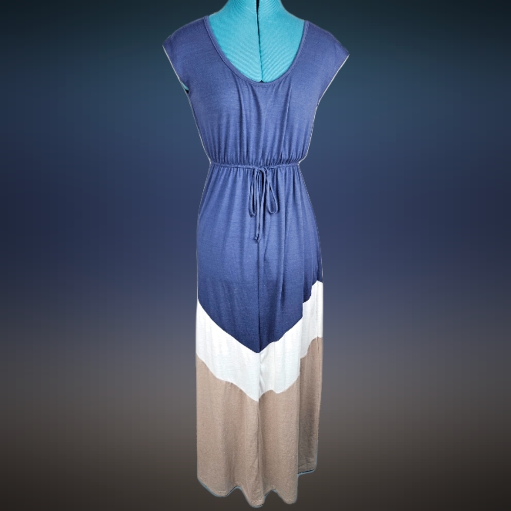 Delirious- Maxi short sleeve dress, navy blue -beige &cream color tones, size s